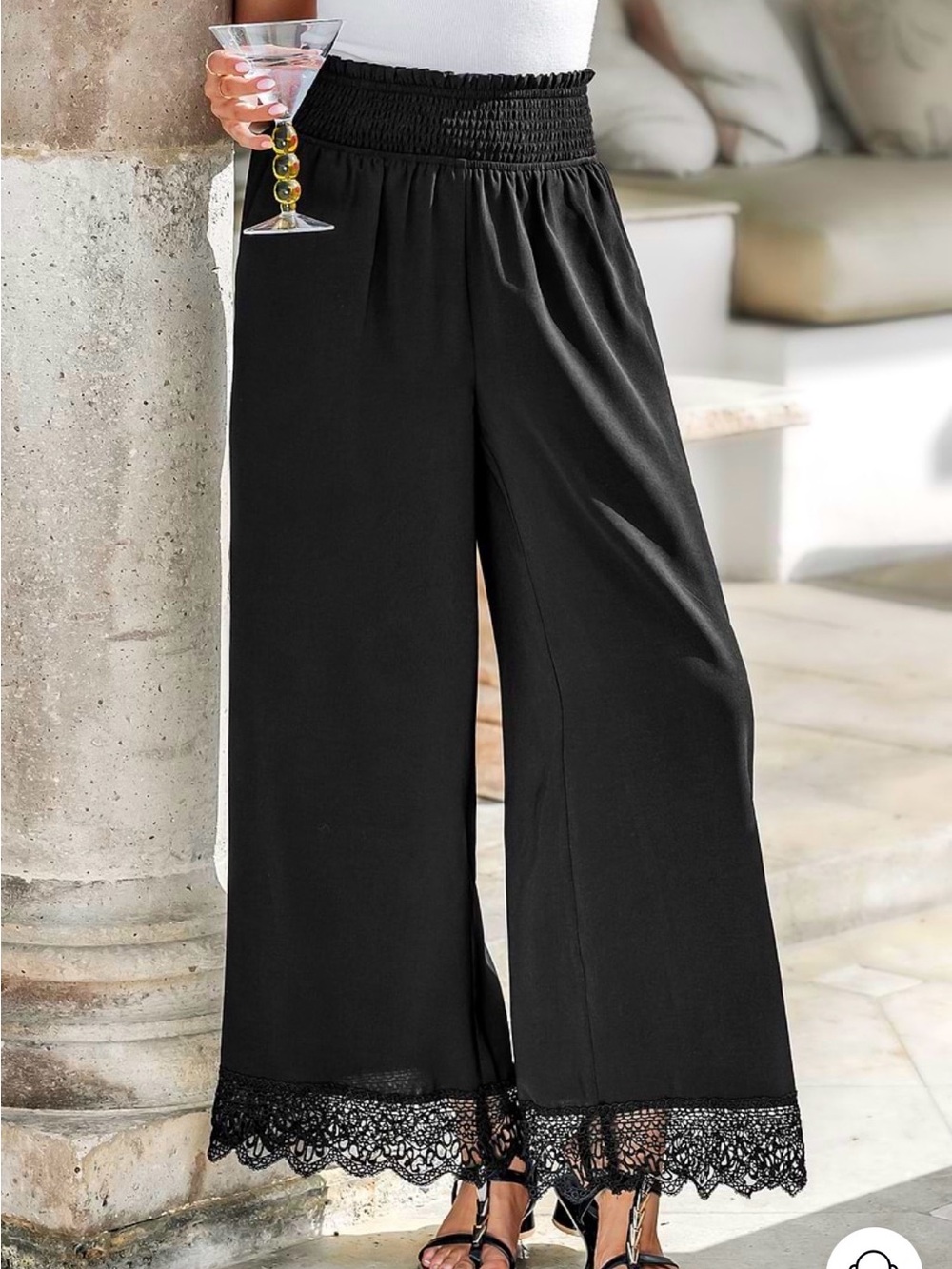 Cupshe Black Smocked-Waist Wide-Leg Pants with Lace Hem
